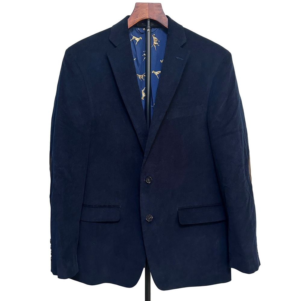 Lauren Ralph Lauren Corduroy Sport Coat Navy Blue 38R Elbow Patches Dogs Lining